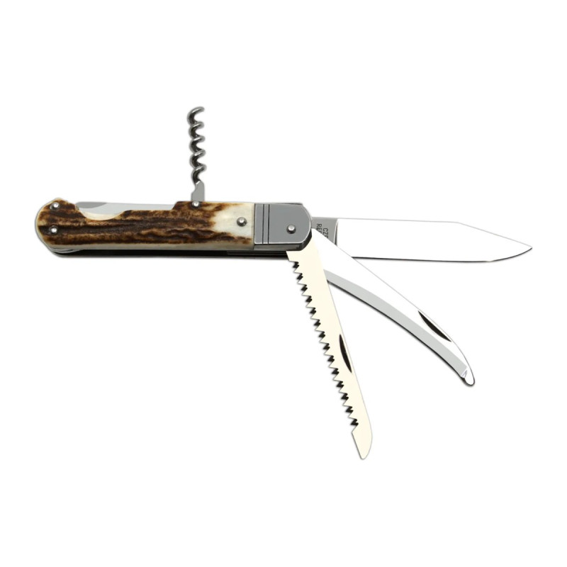Hunting folding knife FIXIR 4-piece with saw, pick, and corkscrew – handle scale antler 232-XP-4V