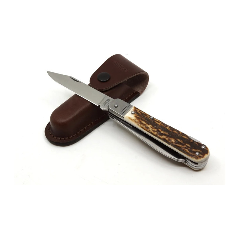 Hunting folding knife FIXIR 4-piece with saw, pick, and corkscrew – handle scale antler 232-XP-4V