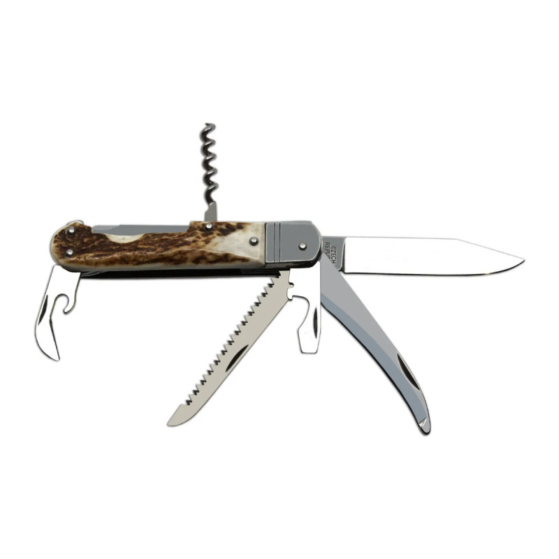 Hunting folding knife FIXIR 6-piece with saw, pick, and corkscrew – handle scale antler 232-XP-6V