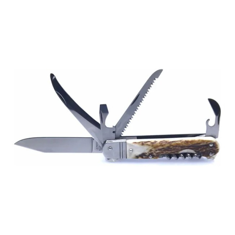 Hunting folding knife FIXIR 6-piece with saw, pick, and corkscrew – handle scale antler 232-XP-6V