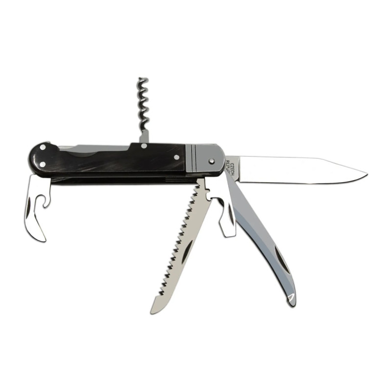 Hunting folding knife FIXIR 6-piece with saw, pick, corkscrew, and bottle and can opener – buffalo horn handle scale 232-XR-6V