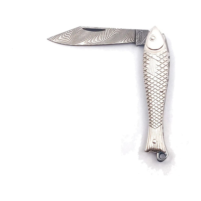 Кишеньковий складаний ніж RYBIČKA – срібний, дамаська сталь 130-DS-1 (925/1000)